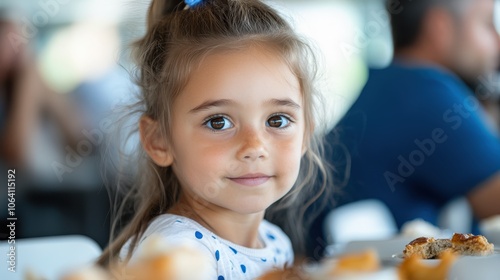 A serene and inquisitive young girl is captured at a breakfast table, with her eyes exploring the variety of foods, highlighting a peaceful morning setting.