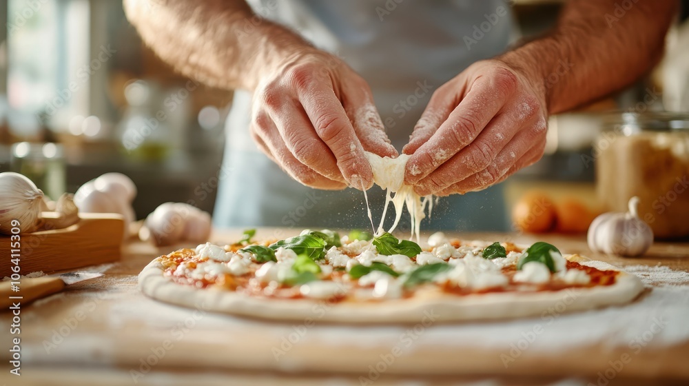 Focused hands of a chef skillfully preparing a pizza with fresh ingredients like mozzarella and basil in a well-equipped kitchen for a delightful culinary experience. Focused hands of a chef skillfully preparing a pizza with fresh ingredients like mozzarella and basil in a well-equipped kitchen for a delightful culinary experience.