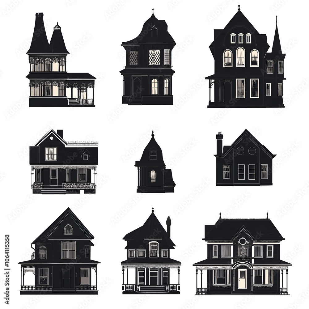 Fototapeta premium Black silhouettes of classic old American townhouses on white