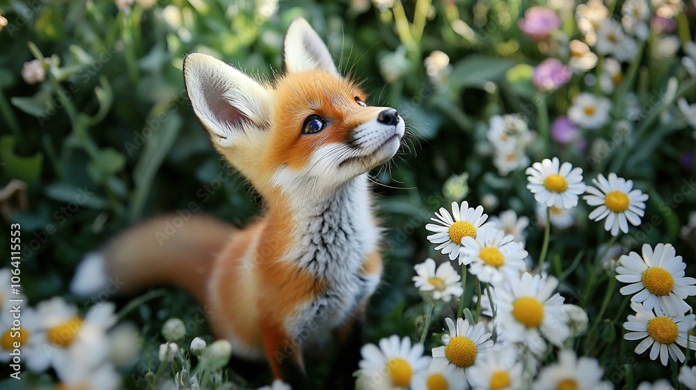 A close-up photo of a baby fox amidst a field of daisy flowers A close-up photo of a baby fox amidst a field of daisy flowers