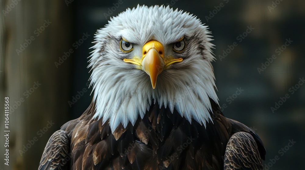 Fototapeta premium Bald eagle in a focused stare, face-to-face with the camera