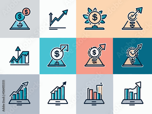 Profit growth icon collection set. Containing revenue, sales, margin, expansion, innovation, efficiency, cost icon. Simple line vector.