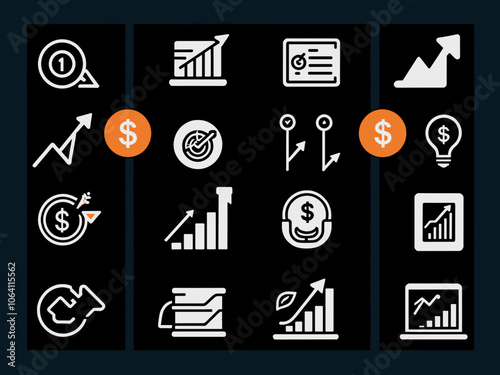 Profit growth icon collection set. Containing revenue, sales, margin, expansion, innovation, efficiency, cost icon. Simple line vector.