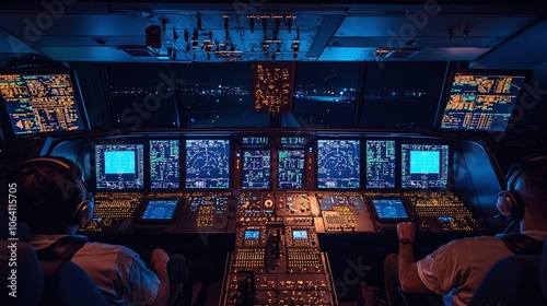 Flight control center illuminated at night with glowing screens and operational equipment photo