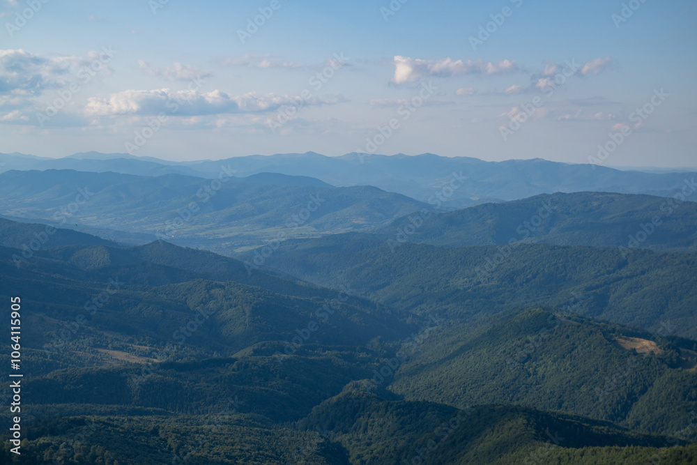 Obraz premium Carpathian Mountains and tree background. Mountains landscape. Alpine meadows and beautiful mountains. Forest background. Mountain landscape background. Touristic View of mountain. Nature background.