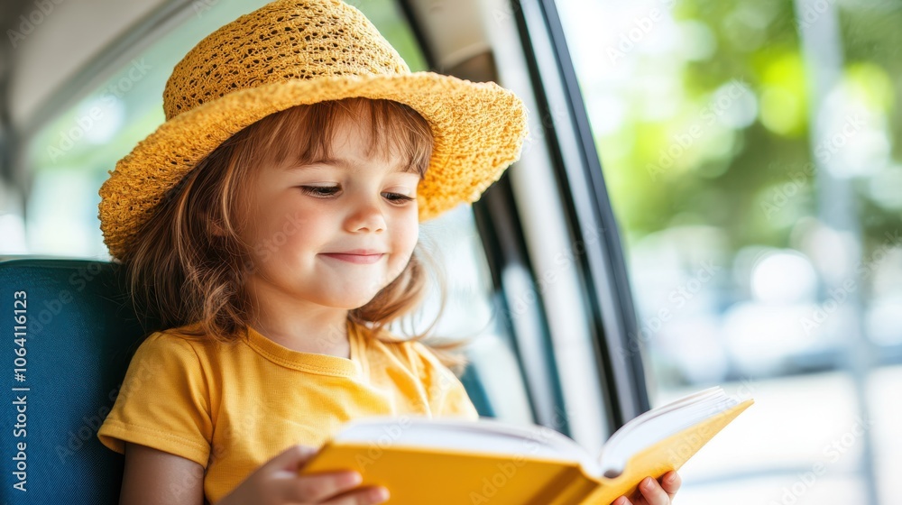 A girl in a bright yellow straw hat reads a book while riding in the car, portraying a picturesque scene of leisure and imagination enhanced by natural lighting. A girl in a bright yellow straw hat reads a book while riding in the car, portraying a picturesque scene of leisure and imagination enhanced by natural lighting.