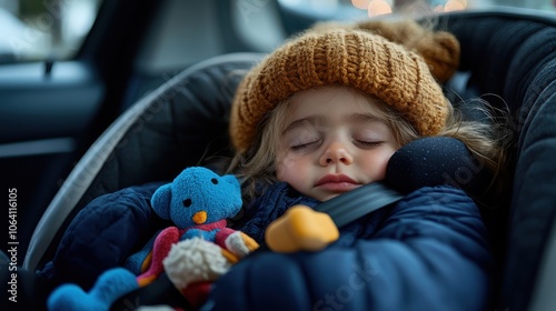 A child in a cozy car seat sleeps soundly, cradling a blue plush toy. This image captures the essence of warmth and relaxation on a winter day journey.