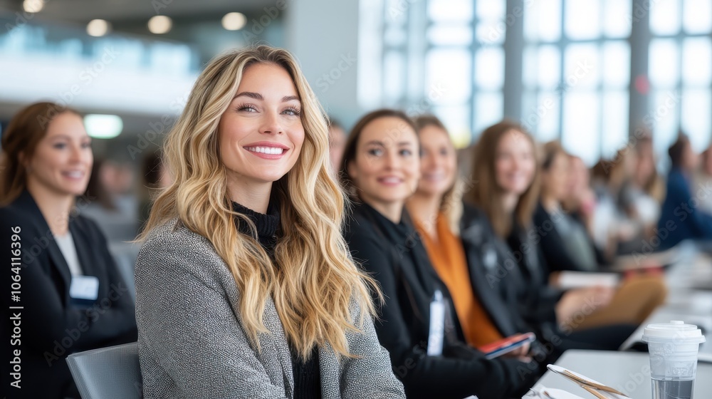 Obraz premium A confident woman with wavy blonde hair sits attentively in a seminar, ahead of colleagues, capturing professional growth and determination in a corporate workshop.