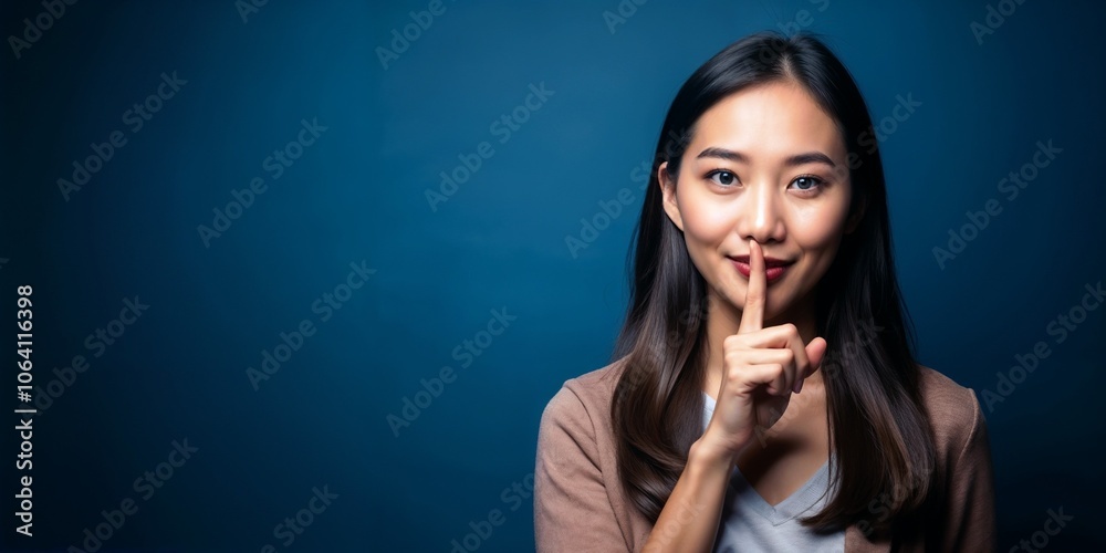 Fototapeta premium Young woman gesturing with finger on lips