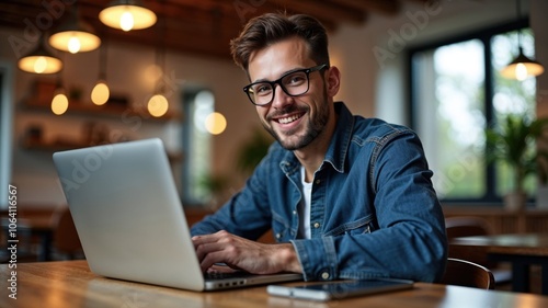 smiling man with glasses sitting at a wooden table, working on a laptop in a cozy, well-lit room. The background includes hanging lights and a blurred view of a modern