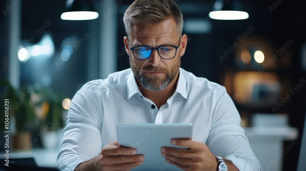 A man with glasses is deeply focused on his tablet while working late at night in a dimly lit office, displaying concentration and determination. A man with glasses is deeply focused on his tablet while working late at night in a dimly lit office, displaying concentration and determination.