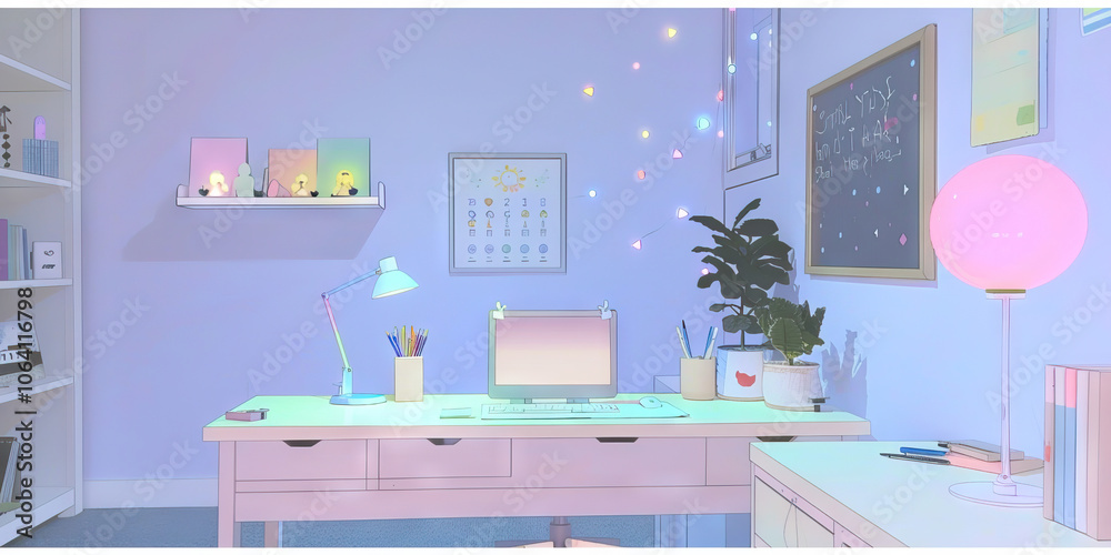 A calming, serene workspace enveloped in purple hues, with soothing decorations and a peaceful ambiance, surrounding a tranquil workstation.