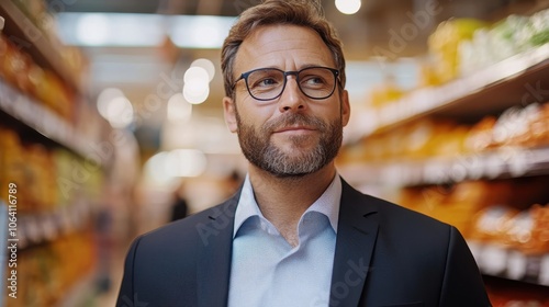 A man wearing glasses stands thoughtfully in a grocery store aisle, embodying contemplation and the integration of everyday activities with introspection.