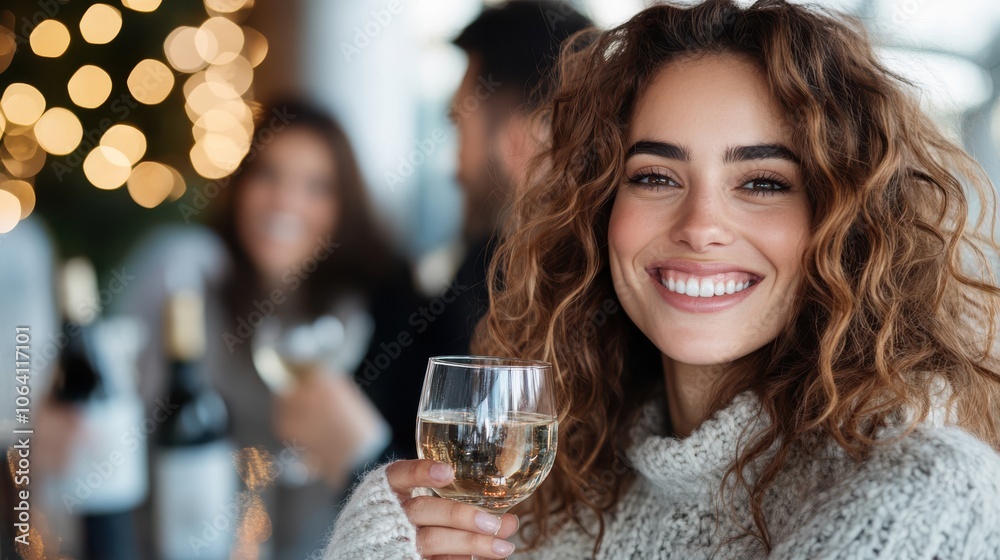 A beaming woman, encircled by bokeh lights, holds a glass of white wine, exuding warmth, camaraderie, and the essence of holiday celebrations and gatherings. A beaming woman, encircled by bokeh lights, holds a glass of white wine, exuding warmth, camaraderie, and the essence of holiday celebrations and gatherings.