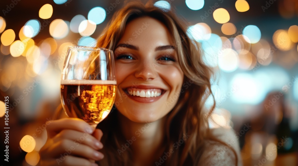 A woman smiles warmly while holding a glass of beer in a lively indoor setting. The background lights twinkle, creating a welcoming festive atmosphere. A woman smiles warmly while holding a glass of beer in a lively indoor setting. The background lights twinkle, creating a welcoming festive atmosphere.