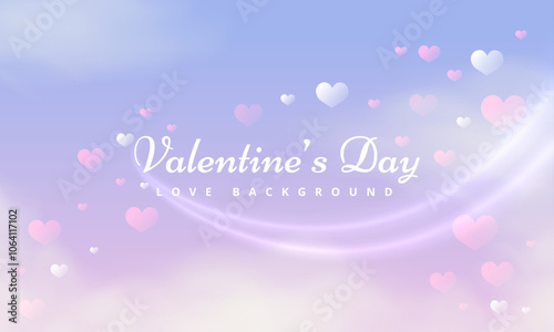 Valentine Day Love Blurred Background. Heart gradient and 3D vector cloud. Abstract Happy Valentine's Day banner. Greeting card. Candy colors wedding banner. Valentine's day background of heart shape