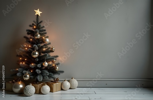 The Christmas tree, adorned with warm golden ornaments and a star on top, stands beside elegantly wrapped gifts in a softly lit room, creating a festive atmosphere