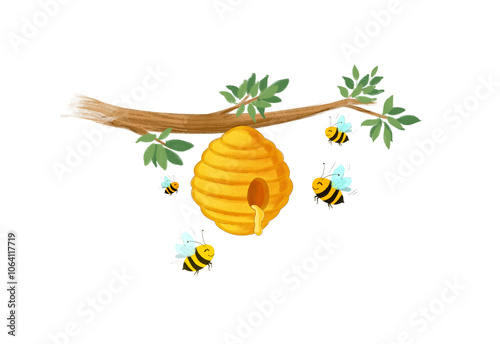 cute honey bee from beehive, cartoon style