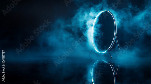 glowing circular mirror surrounded by mist creates mysterious atmosphere. blue light reflects beautifully on surface, enhancing surreal ambiance