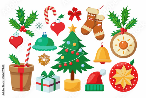 Merry Christmas Realistic Element Set White Background.