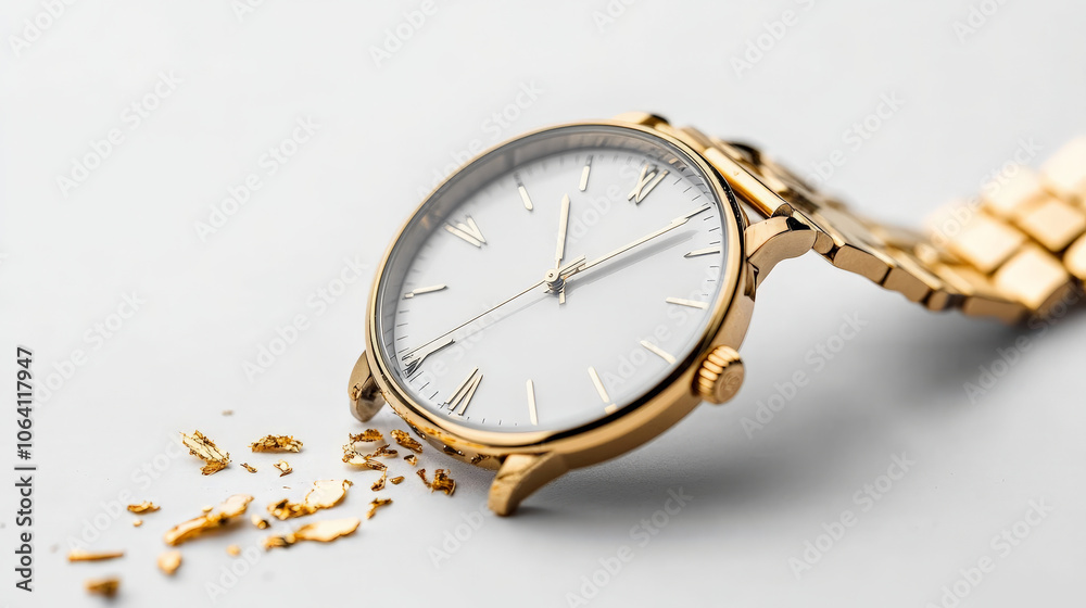 broken gold watch lies on surface, with pieces scattered nearby, symbolizing passage of time and loss. elegant design contrasts with its damaged state, evoking reflection broken gold watch lies on surface, with pieces scattered nearby, symbolizing passage of time and loss. elegant design contrasts with its damaged state, evoking reflection
