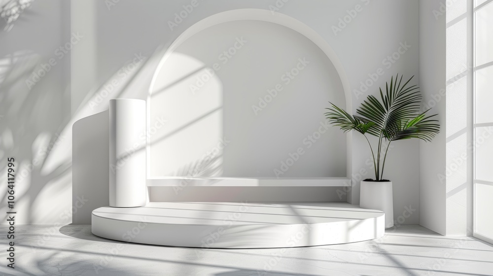 Geometric platform, minimalist white space, cylinder podium, palm leaf shadows, modern display Geometric platform, minimalist white space, cylinder podium, palm leaf shadows, modern display