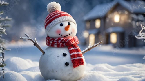 Winter holiday scene with a smiling snowman in the snow