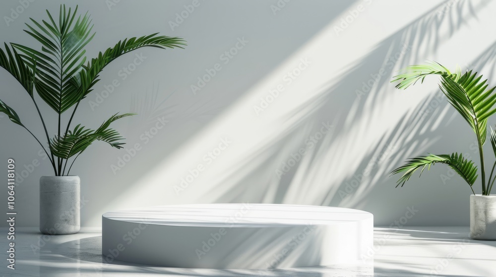 Geometric platform, minimalist white space, cylinder podium, palm leaf shadows, modern display Geometric platform, minimalist white space, cylinder podium, palm leaf shadows, modern display