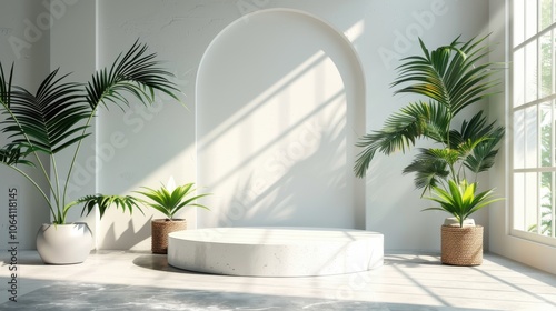 Geometric platform, minimalist white space, cylinder podium, palm leaf shadows, modern display