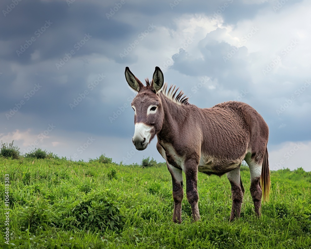 Beautiful donkey standing in a lush green field under a cloudy sky Beautiful donkey standing in a lush green field under a cloudy sky