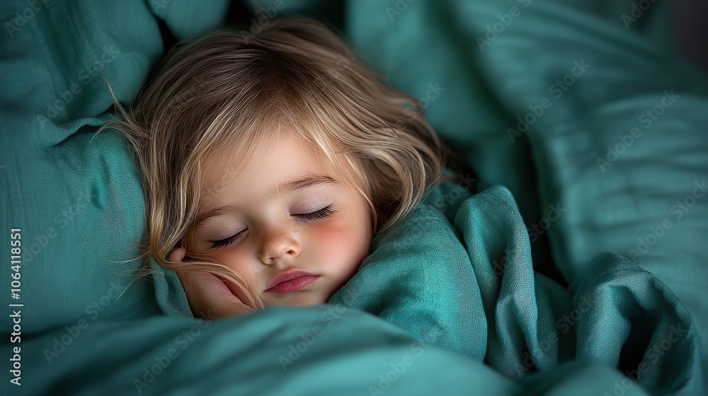 A young girl is peacefully asleep wrapped in a turquoise comforter, showcasing her calm and serene expression with gentle lighting accentuating her soft features. A young girl is peacefully asleep wrapped in a turquoise comforter, showcasing her calm and serene expression with gentle lighting accentuating her soft features.