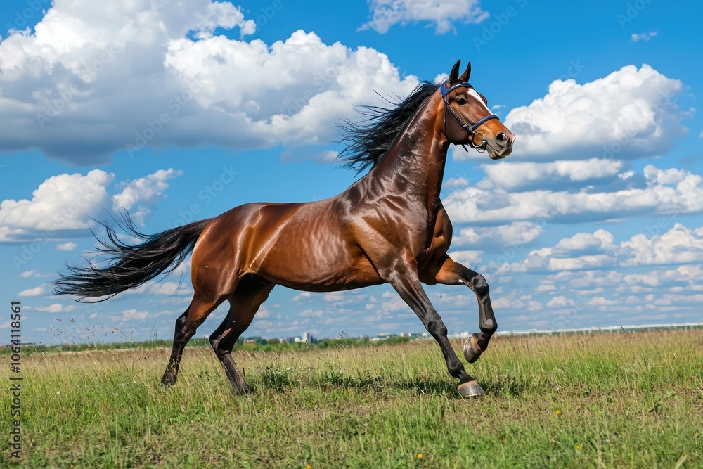 Obraz premium Beautiful horse galloping across an open field under sunny skies