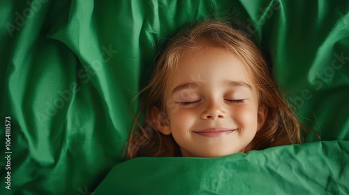 A little girl sleeps contently under a green blanket, with a gentle, satisfied smile, illustrating dreams and comfort enveloped in childhood peacefulness. photo