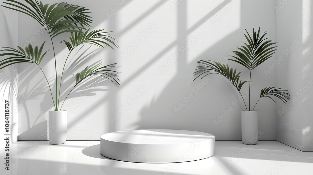 Geometric platform, minimalist white space, cylinder podium, palm leaf shadows, modern display Geometric platform, minimalist white space, cylinder podium, palm leaf shadows, modern display