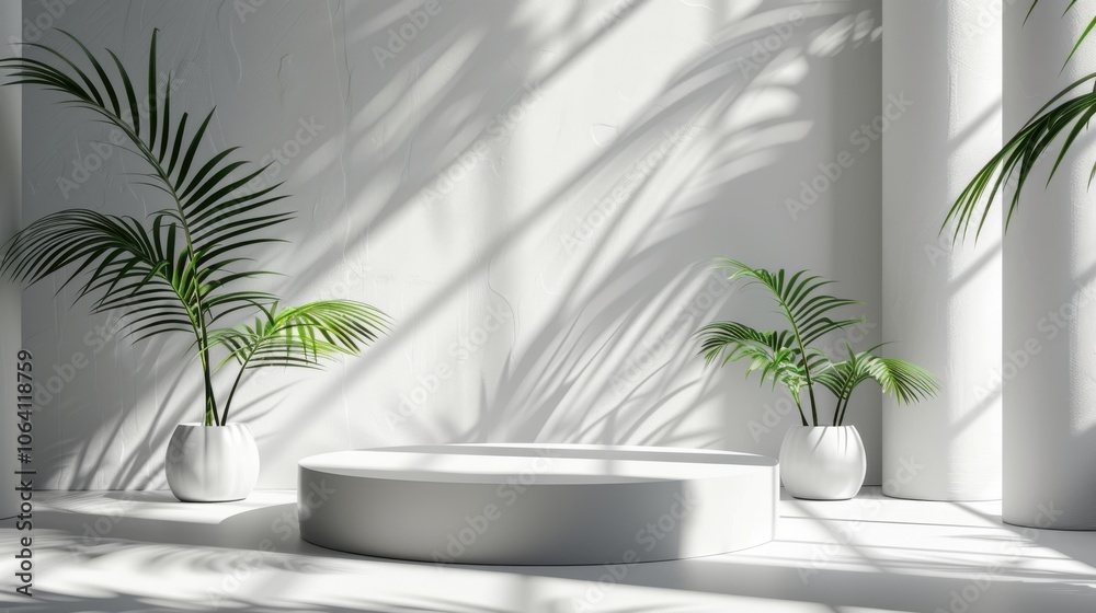 Geometric platform, minimalist white space, cylinder podium, palm leaf shadows, modern display Geometric platform, minimalist white space, cylinder podium, palm leaf shadows, modern display
