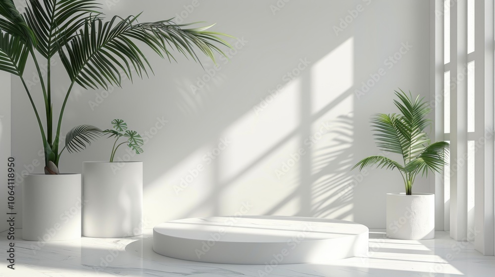 Obraz premium Geometric platform, minimalist white space, cylinder podium, palm leaf shadows, modern display