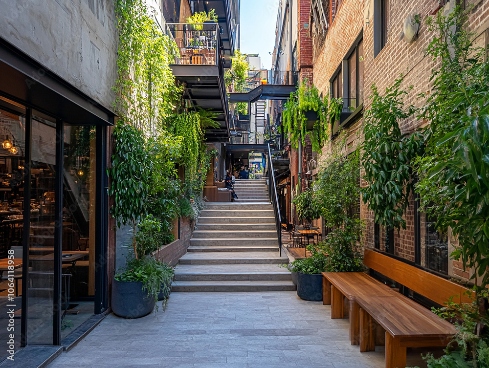 Fototapeta premium retail street with grand stair and seating area, green plants, retail atmosphere, stores and restaurants