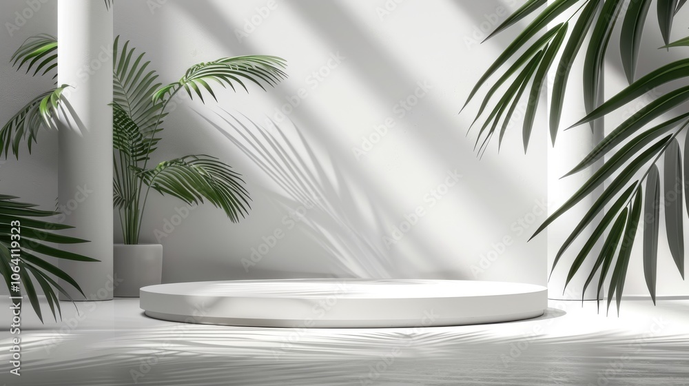 Geometric platform, minimalist white space, cylinder podium, palm leaf shadows, modern display Geometric platform, minimalist white space, cylinder podium, palm leaf shadows, modern display