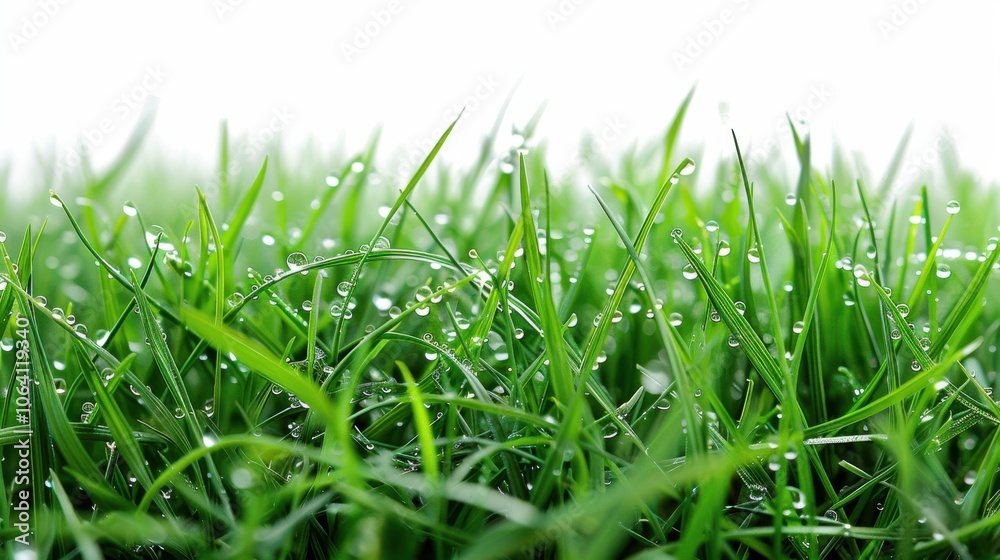 Green grassland, isolated on white, with dew drops on the blades. A fresh and calming nature scene Green grassland, isolated on white, with dew drops on the blades. A fresh and calming nature scene