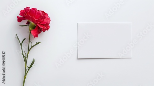 red carnation with blank card, simple white background, minimal floral composition, elegant romantic design, clean layout for greeting card or invitation

