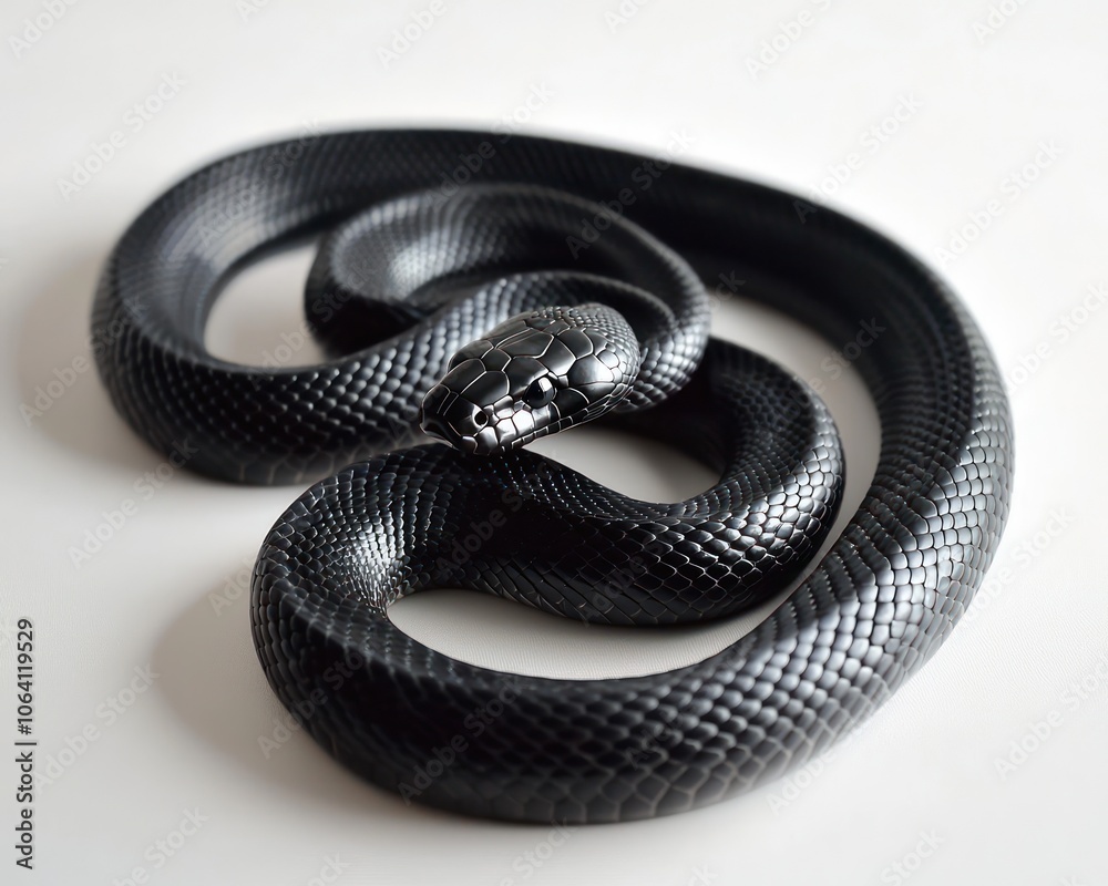 Obraz premium Black snake elegantly coiled on a plain white background