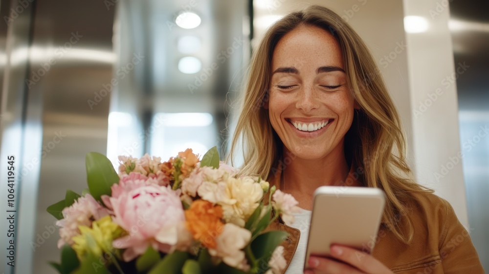 A joyful woman smiles broadly at her phone while holding a colorful bouquet, standing in an elevator with modern decor that reflects her cheerful demeanor. A joyful woman smiles broadly at her phone while holding a colorful bouquet, standing in an elevator with modern decor that reflects her cheerful demeanor.