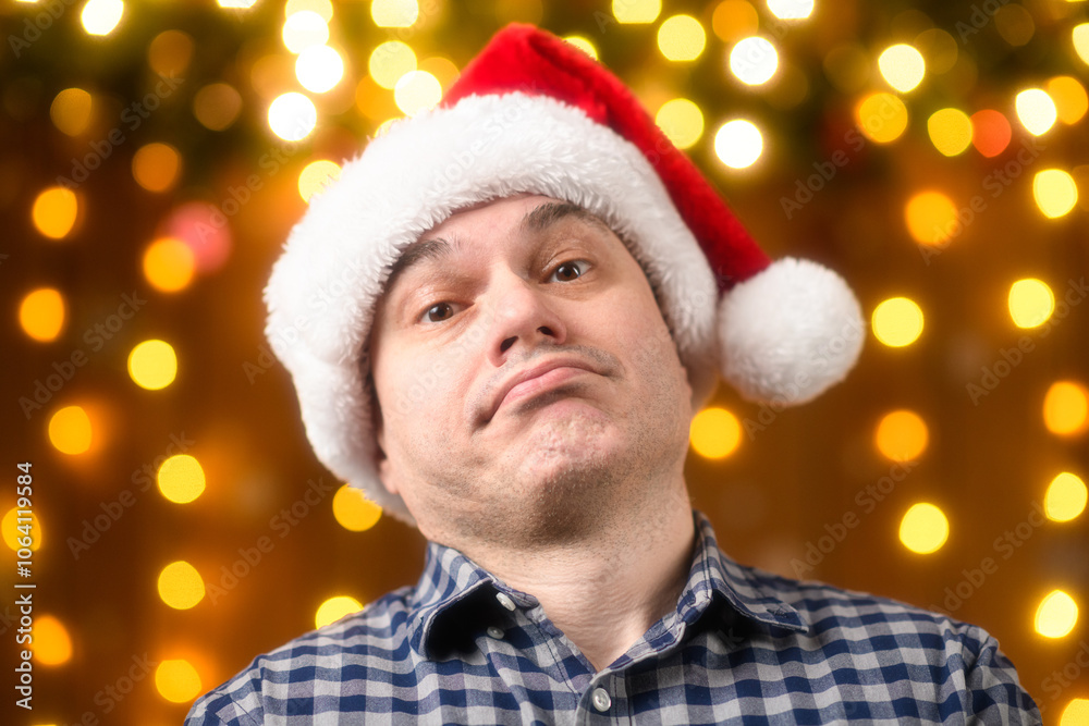 A man face, poses in New Year decorations with festive illumination and garlands, Christmas lights and decorations background, Holiday theme A man face, poses in New Year decorations with festive illumination and garlands, Christmas lights and decorations background, Holiday theme