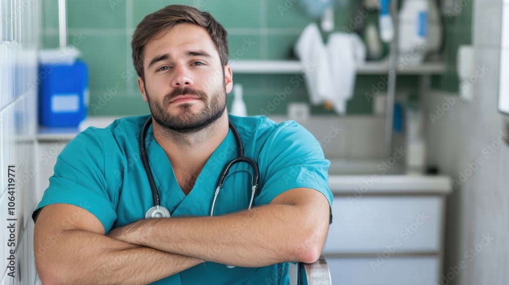 A confident male nurse in scrubs with folded arms sits in a hospital corridor, embodying the compassion and steadfastness essential in the nursing profession. A confident male nurse in scrubs with folded arms sits in a hospital corridor, embodying the compassion and steadfastness essential in the nursing profession.