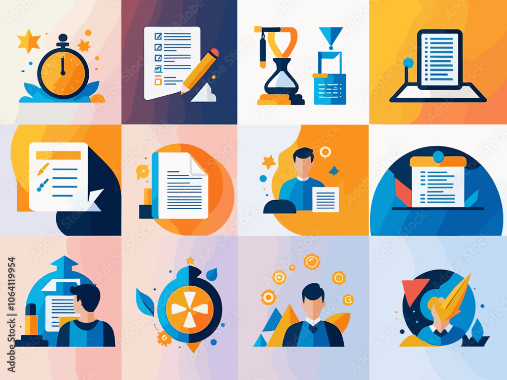 Assessment icon collection set. Containing education, evaluation, system, process, document, worker, data icon. Simple flat vector. Assessment icon collection set. Containing education, evaluation, system, process, document, worker, data icon. Simple flat vector.