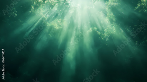 Aerial ethereal green mist mystical light beam in cosmic haze background. Mystical. Illustration