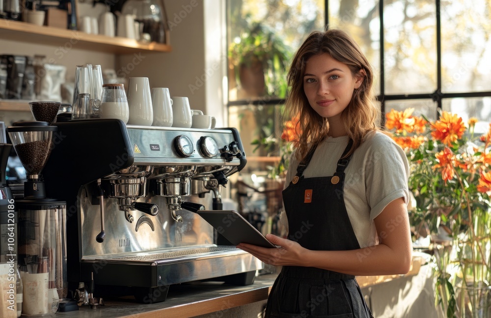 Young barista using tablet in modern coffee shop with cappuccino machine Young barista using tablet in modern coffee shop with cappuccino machine