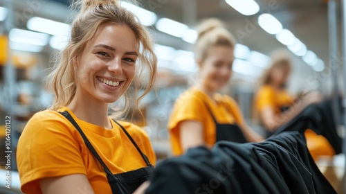 A cheerful woman smiles while handling textiles in a factory setting, embodying a lively and energetic approach to her work amidst colorful fabric under bright lights.