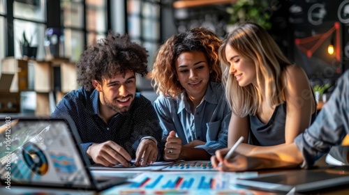 Group of data analysts examining a dataset, with graphs and charts on monitors
