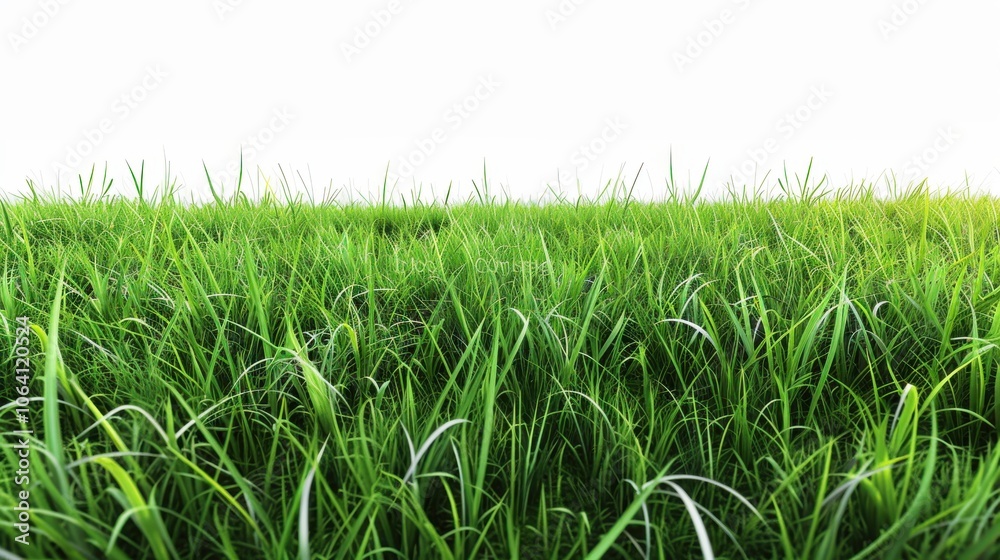 Green grassland, isolated on white, with dew drops on the blades. A fresh and calming nature scene Green grassland, isolated on white, with dew drops on the blades. A fresh and calming nature scene
